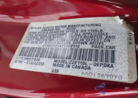 2000 Toyota Corolla Ce z USA, uszkodzony, nr VIN 2T1BR12E4YC359110